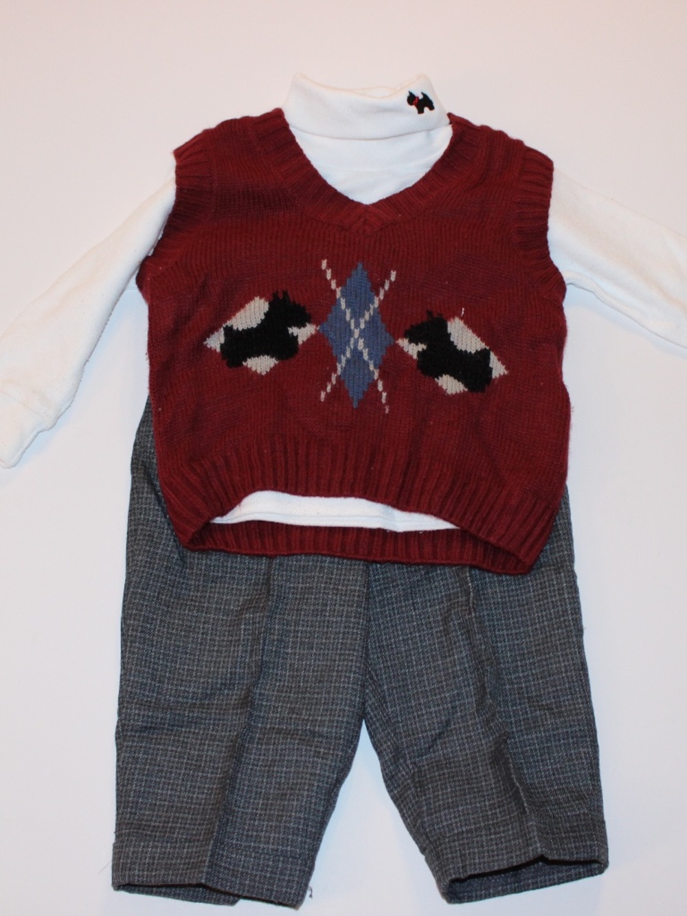 Vintage Baby Boy 3 Piece Outfit 12M Scottie Dog Sweater Vest Holiday Set